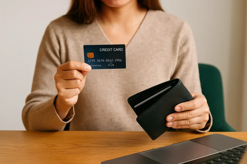 Pessoa segurando um cartão de crédito sobre a mesa com notebook, representando o uso de um cartão de crédito empresarial ideal para MEIs no dia a dia profissional.