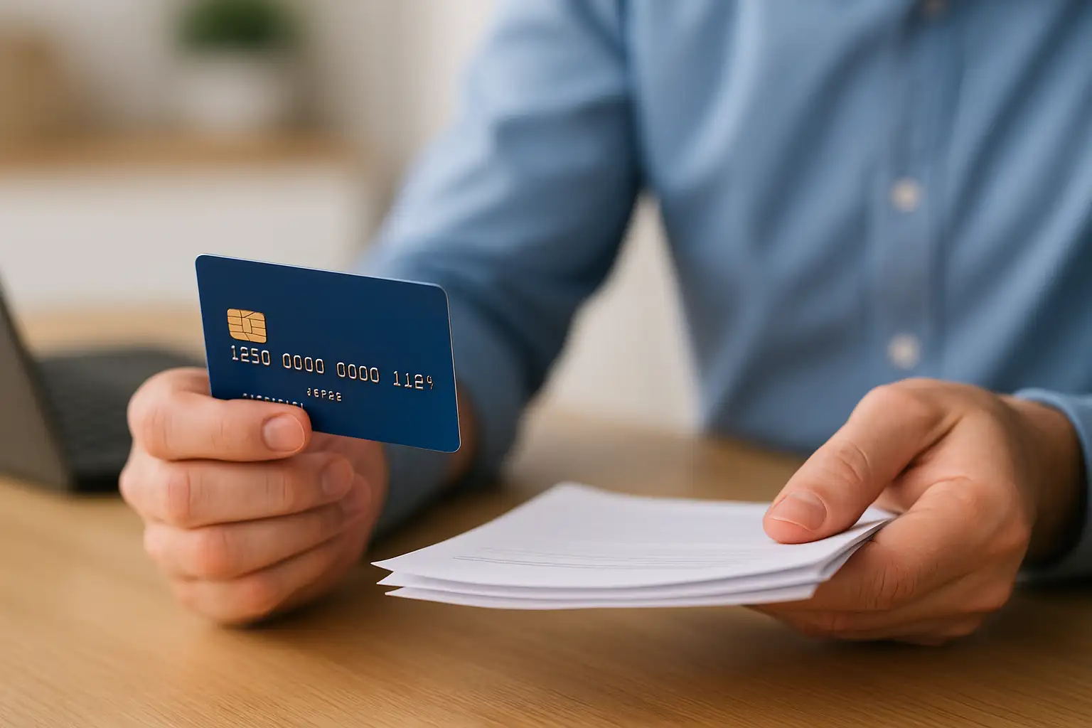 Empreendedor com camisa azul analisando documentos enquanto segura um cartão de crédito empresarial ideal para MEIs, simbolizando organização financeira no escritório.