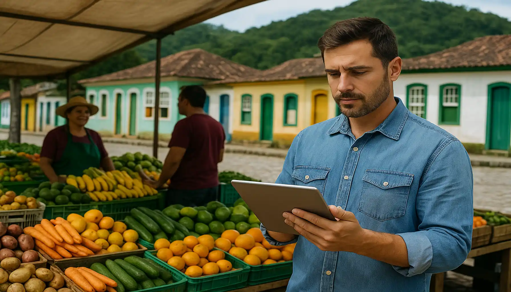 Empreendedor analisando dados em tablet durante feira de frutas, representando investimentos com foco regional no Brasil.