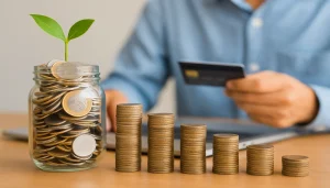 Pote de vidro com moedas de real e planta simbolizando crescimento financeiro obtido através de plataformas de microinvestimentos.