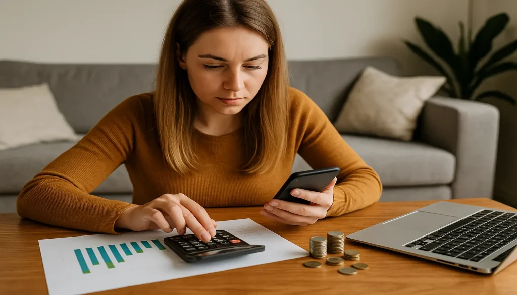 Mulher jovem usando calculadora e smartphone para gerenciar recursos aplicados em plataformas de microinvestimentos.