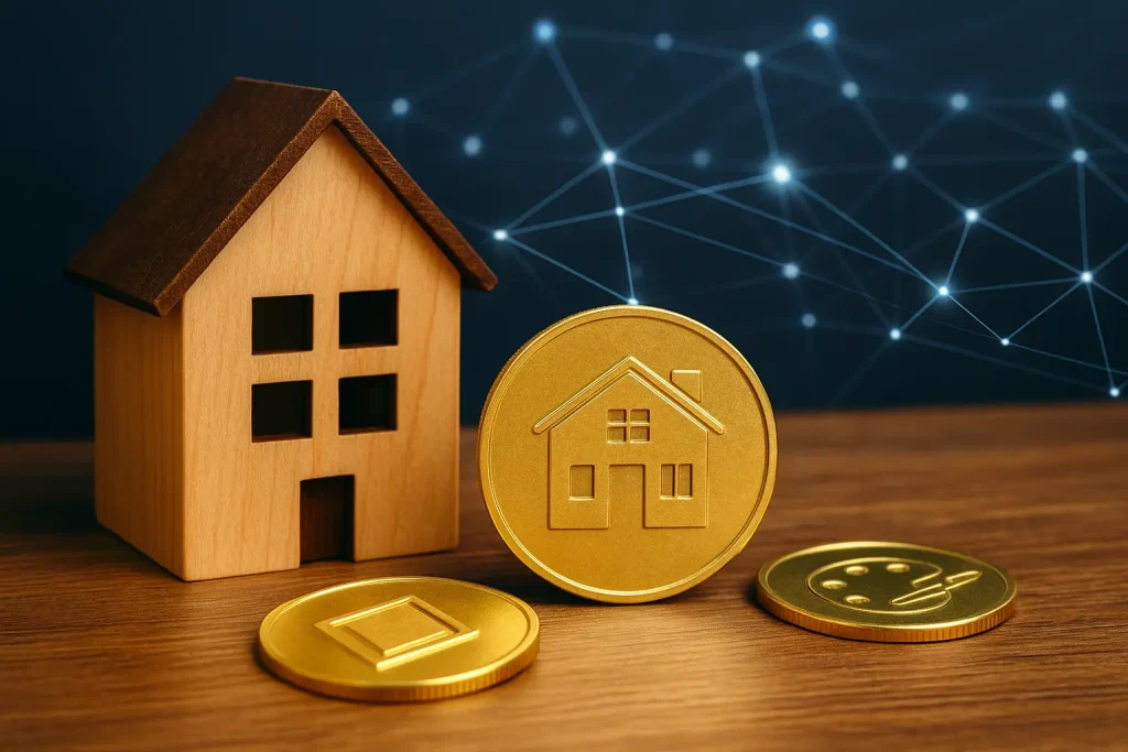 Miniatura de casa ao lado de moedas digitais douradas representando imóveis e blockchain, simbolizando as tendências em tokenização de ativos no Brasil.