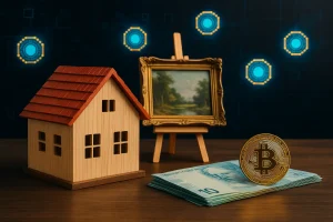 Casa em miniatura, obra de arte em moldura e notas de reais acompanhadas de moeda digital, ilustrando as tendências em tokenização de ativos no Brasil.