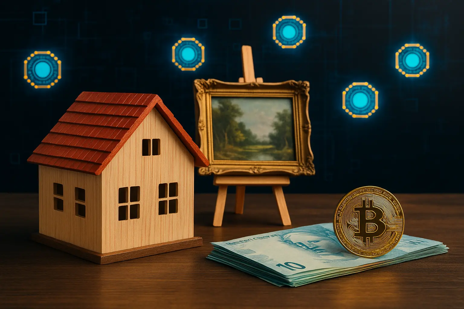 Casa em miniatura, obra de arte em moldura e notas de reais acompanhadas de moeda digital, ilustrando as tendências em tokenização de ativos no Brasil.