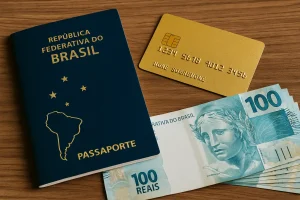 Passaporte brasileiro ao lado de cartão dourado e notas de cem reais, representando cartões de crédito com programas de milhas e seus benefícios.