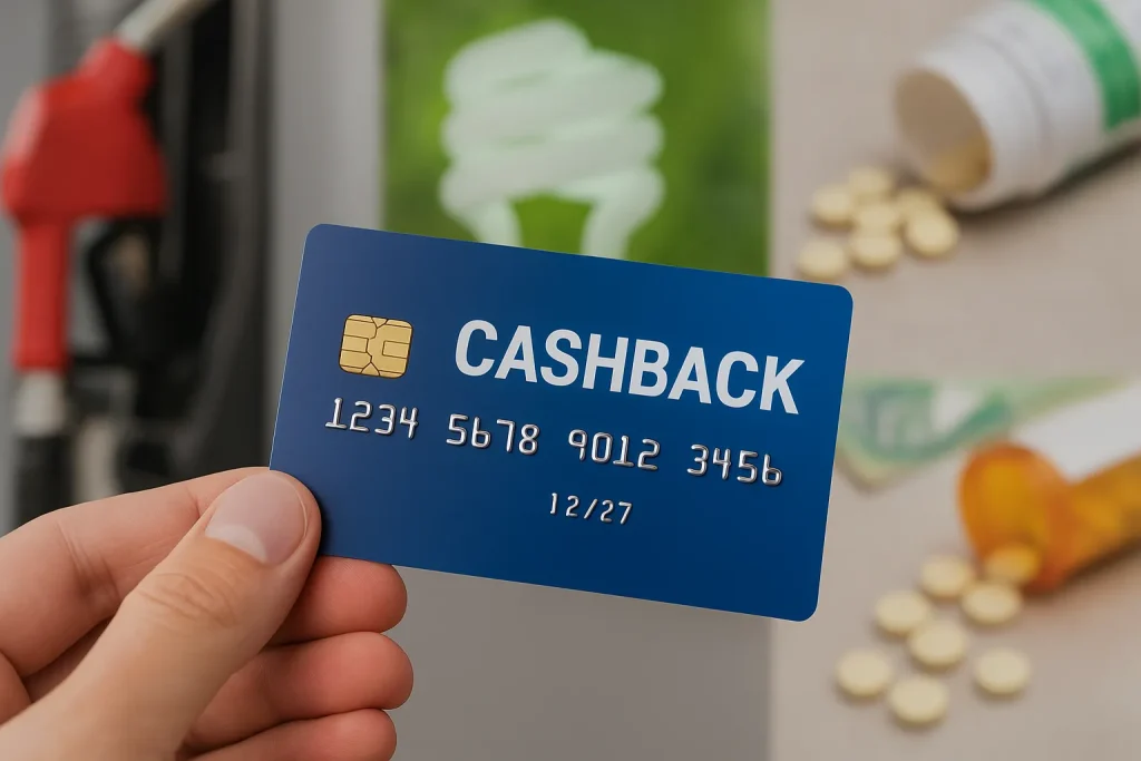Pessoa segurando um cartão azul representando cartões com cashback em serviços essenciais, com elementos de farmácia, energia e combustível ao fundo.