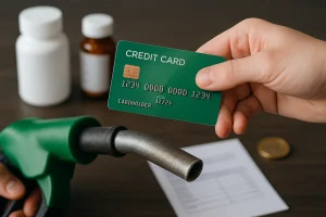 Cartão de crédito verde em destaque simbolizando cartões com cashback em serviços essenciais, acompanhado de bomba de gasolina, remédios e conta de energia.