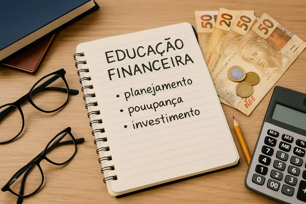 Pessoa estudando educação financeira com notebook e anotações, representando como organizar suas finanças pessoais em 2025.