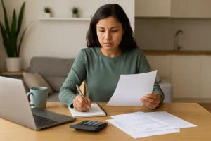 Mulher revisando documentos e orçamento em casa com notebook e calculadora, simbolizando estratégias para organizar suas finanças pessoais.