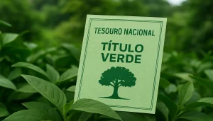 Certificado verde entre folhas de plantas representando os Títulos verdes do Tesouro Nacional como investimento sustentável.