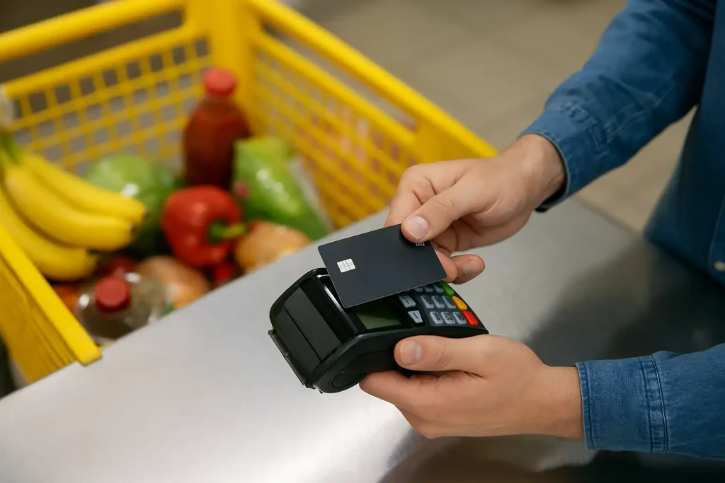 Cliente realizando pagamento em supermercado com cartões de crédito com cashback turbinado