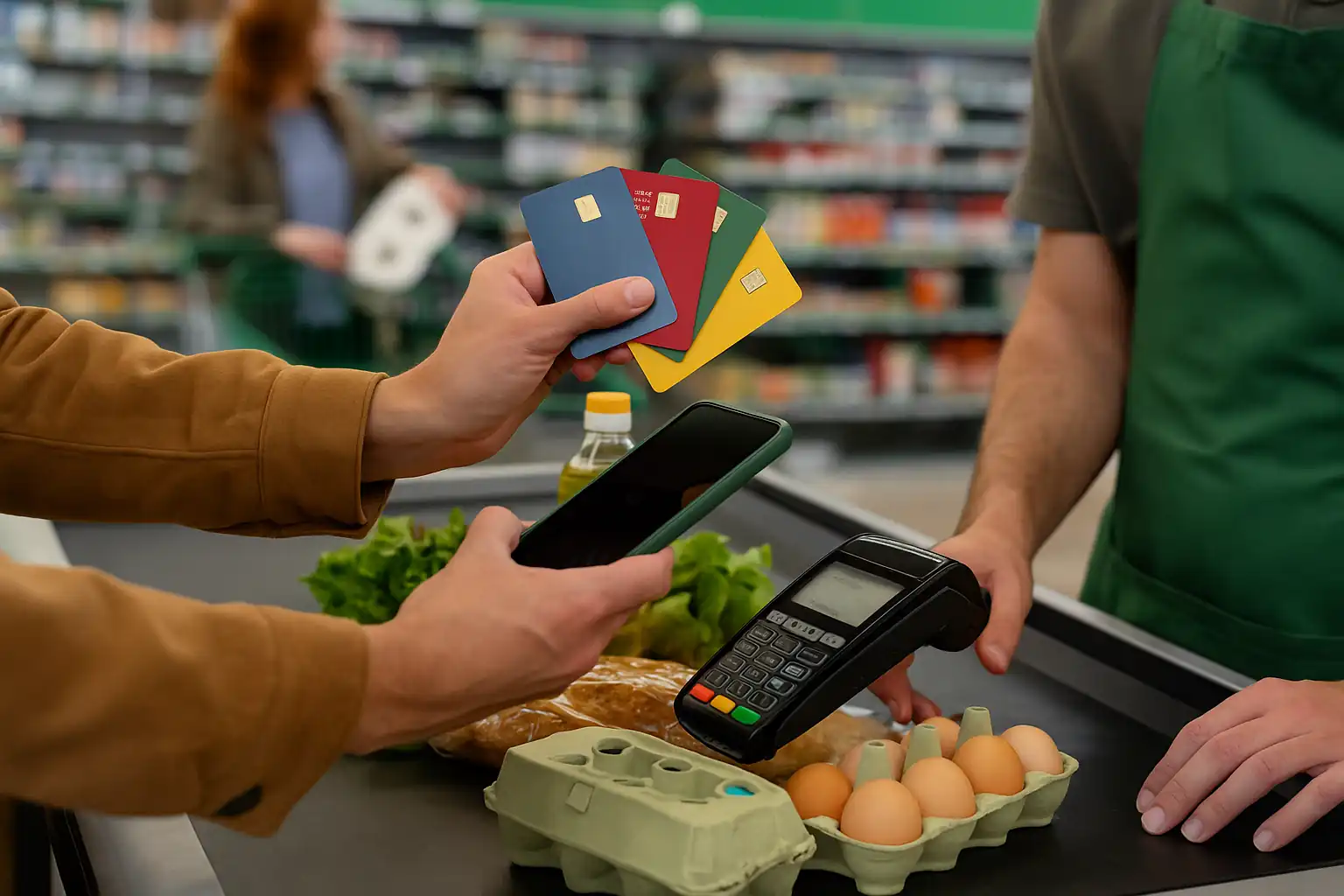 Consumidor no caixa de supermercado segurando cartões de crédito com cashback turbinado durante a compra