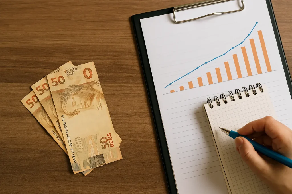 Mão fazendo anotações ao lado de notas de cinquenta reais e gráfico de crescimento financeiro, simbolizando como alinhar investimentos com metas de rentabilidade e disciplina financeira.