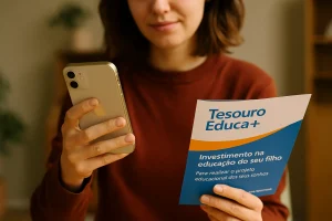 Mulher segurando celular e folheto do Tesouro Educa+, representando como alinhar investimentos à educação dos filhos por meio de aplicações seguras e planejadas de longo prazo.
