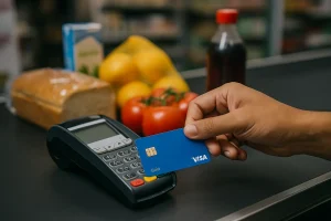 Pessoa realizando pagamento em supermercado com cartão de crédito dourado, ilustrando a importância de escolher entre cartões Gold, Platinum e Black de acordo com o perfil de consumo.