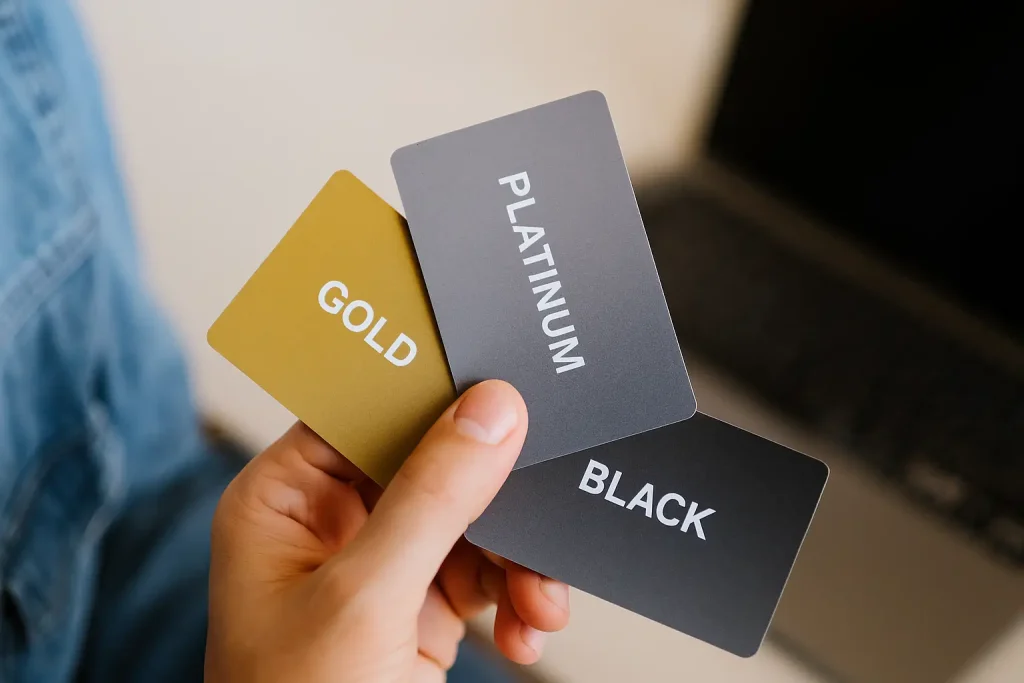 Mão segurando três cartões de crédito — Gold, Platinum e Black — representando o processo de escolher entre cartões Gold, Platinum e Black e comparar seus benefícios e diferenças.