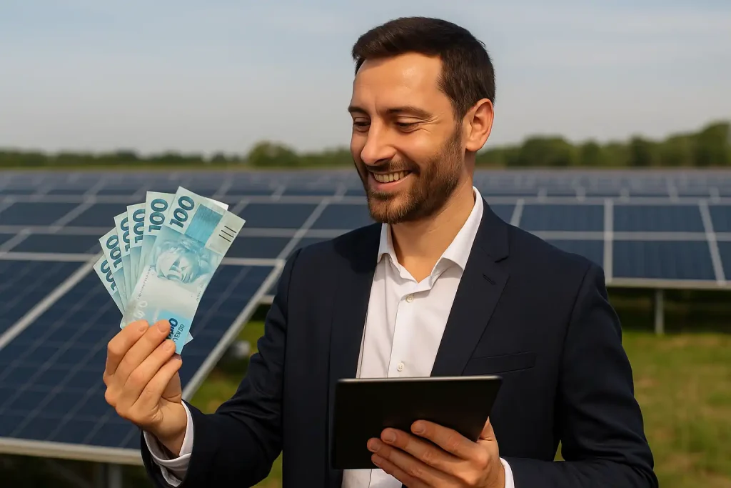 Investidor sorridente segurando notas de real em frente a painéis solares, representando fundos de energia solar no Brasil