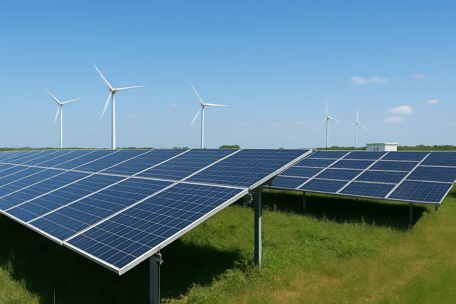 Grande fazenda de painéis solares com turbinas eólicas ao fundo, simbolizando investimentos em fundos de energia solar