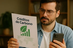 Homem analisando documento sobre créditos de carbono enquanto segura um smartphone, ilustrando a importância de investir conscientemente e entender o funcionamento ao investir no mercado de carbono.