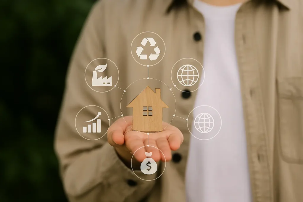 Pessoa segurando um ícone de casa cercado por símbolos de sustentabilidade, representando práticas ambientais e o conceito de investindo no mercado de carbono no Brasil.