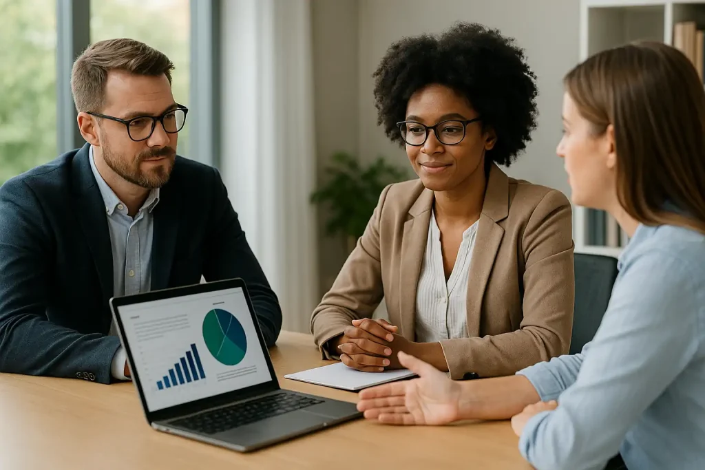 Grupo de jovens profissionais discutindo oportunidades para investir em startups brasileiras em coworking