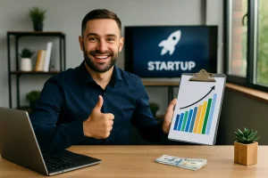 Investidor em escritório moderno analisando gráficos de crescimento para investir em startups brasileiras