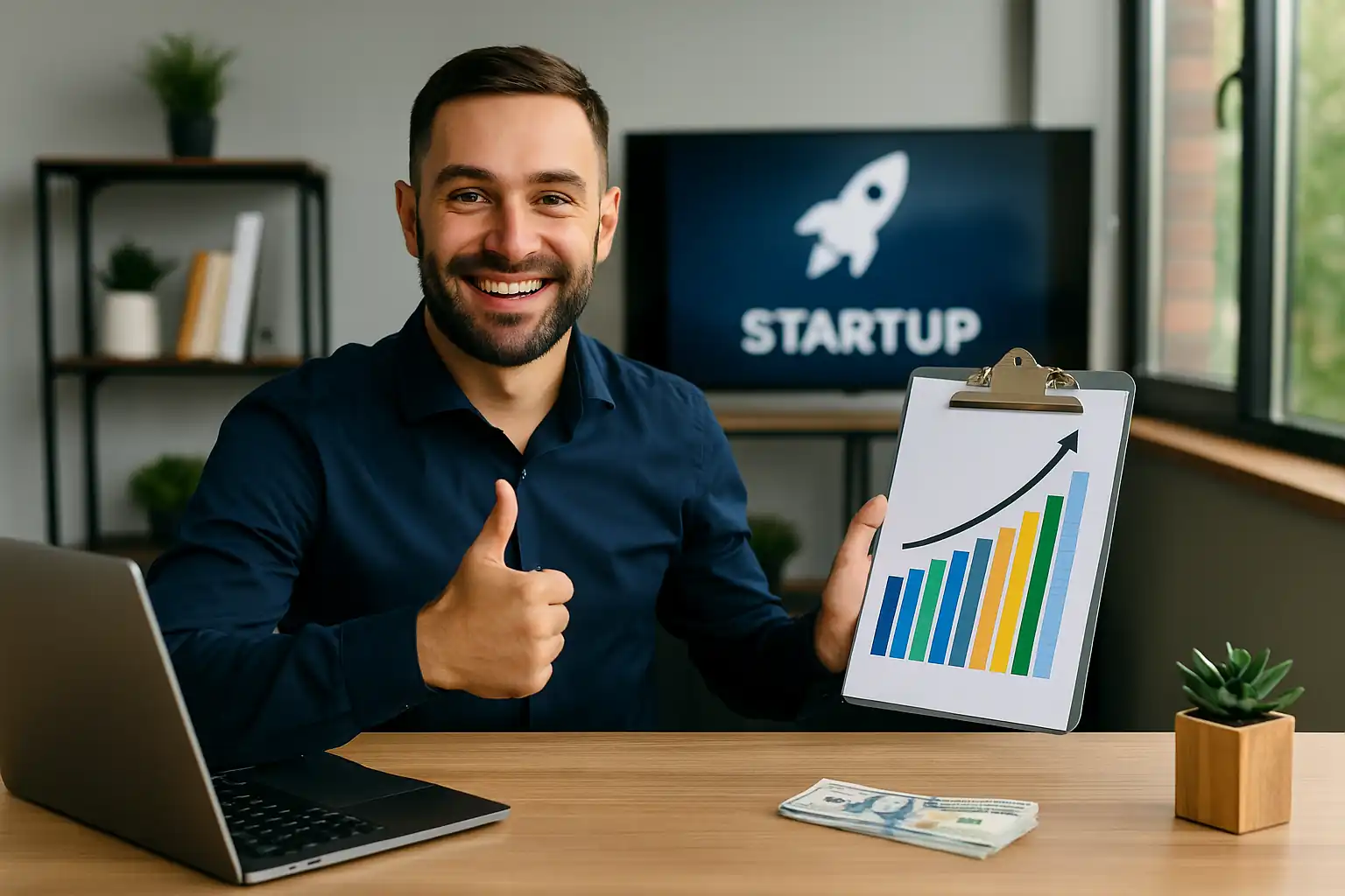 Investidor em escritório moderno analisando gráficos de crescimento para investir em startups brasileiras