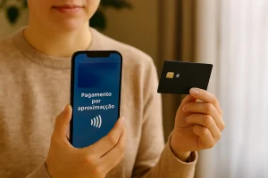 Usuário realizando pagamento com smartphone usando cartões digitais via tecnologia contactless, simbolizando agilidade e inovação nos meios de pagamento no Brasil.