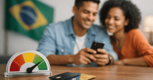 Casal analisando finanças no celular com cartão de crédito sobre a mesa e medidor de risco financeiro ao fundo