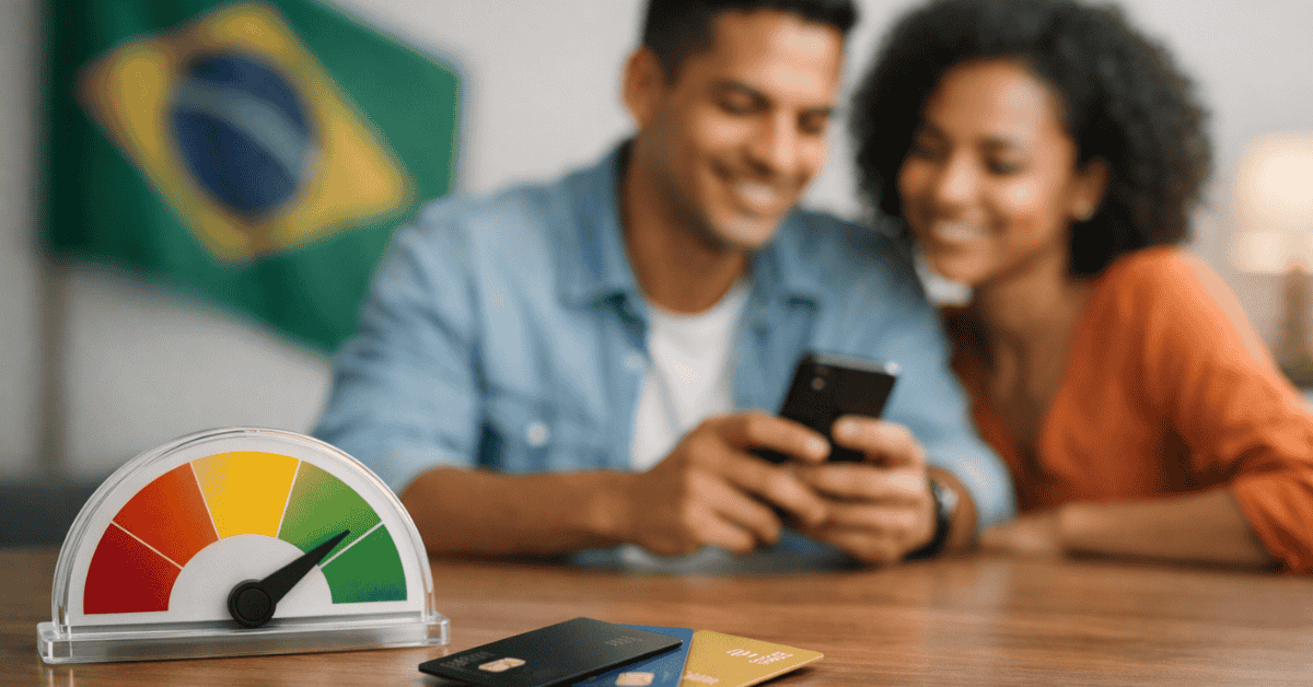 Casal analisando finanças no celular com cartão de crédito sobre a mesa e medidor de risco financeiro ao fundo