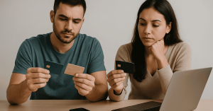 Casal analisando diferentes opções de cartão de crédito em casa, comparando benefícios no laptop antes de escolher o melhor cartão de crédito para o dia a dia.