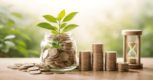 Imagem representando investimentos de longo prazo, com moedas empilhadas e guardadas em um pote de vidro de onde cresce uma planta verde, ao lado de pilhas de moedas e uma ampulheta, simbolizando crescimento financeiro, investimentos sustentáveis e o valor do tempo