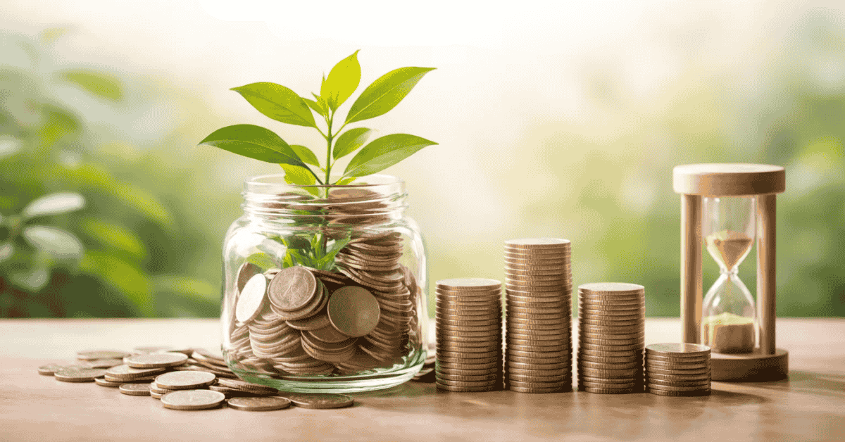 Imagem representando investimentos de longo prazo, com moedas empilhadas e guardadas em um pote de vidro de onde cresce uma planta verde, ao lado de pilhas de moedas e uma ampulheta, simbolizando crescimento financeiro, investimentos sustentáveis e o valor do tempo