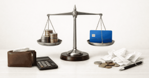 Balança financeira comparando moedas e cartão de crédito, com carteira, calculadora e recibos sobre a mesa, representando decisões de gastos, controle financeiro e uso consciente do cartão de crédito.
