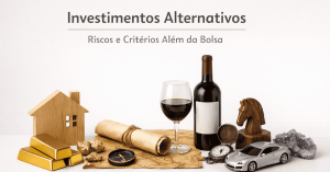 Investimentos alternativos representados por imóveis, barras de ouro, vinho, relógio de luxo, carro e objetos colecionáveis, ilustrando investimentos além da bolsa e a diversificação de patrimônio.