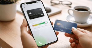Pessoa segurando um smartphone que exibe um aplicativo de cartão de crédito com ajuste de limite dinâmico na tela, enquanto a outra mão segura um cartão de crédito azul. Sobre a mesa há uma xícara de café, óculos, um notebook fechado e uma planta decorativa. A imagem representa o uso de cartão de crédito com controle digital de limite, gestão financeira pelo celular e praticidade no dia a dia.
