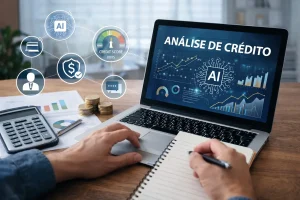 Inteligência artificial sendo usada na análise de crédito em laptop com gráficos financeiros, calculadora e documentos, representando tecnologia no setor financeiro.