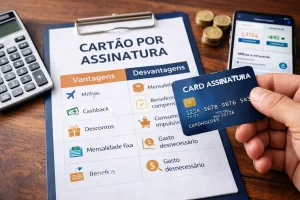 Cartão por assinatura sendo segurado ao lado de calculadora, moedas e lista de vantagens e desvantagens, representando análise de custos e benefícios do cartão de crédito por assinatura.
