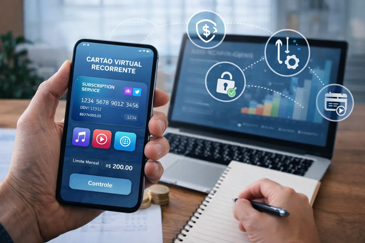 Cartão virtual recorrente exibido em smartphone para pagamento de assinaturas digitais, com laptop e gráficos financeiros ao fundo, representando controle de despesas online.