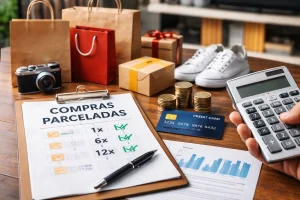 Compras parceladas sem juros sendo analisadas com calculadora, cartão de crédito e lista de parcelas, representando planejamento financeiro e controle de gastos.