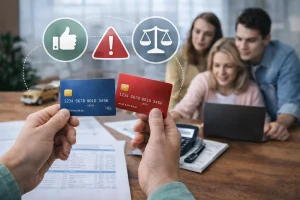 Limite compartilhado em família sendo analisado com cartões de crédito, laptop e planilha financeira, representando gestão financeira familiar conjunta.