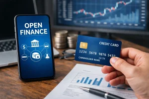 Cartão de crédito sendo segurado em frente a um smartphone com a interface de Open Finance exibida, representando o uso de dados financeiros e gestão digital de finanças.