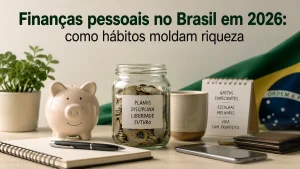 Imagem realista e minimalista sobre finanças pessoais no Brasil em 2026, mostrando um cofrinho branco, um pote de vidro cheio de moedas, caderno, celular e carteira organizados sobre uma mesa clara. Ao fundo, uma bandeira do Brasil desfocada reforça o contexto brasileiro. No topo da imagem aparece o título “Finanças pessoais no Brasil em 2026: como hábitos moldam riqueza”. A composição transmite organização, planejamento financeiro, disciplina e construção de riqueza através de hábitos conscientes relacionados às finanças.
